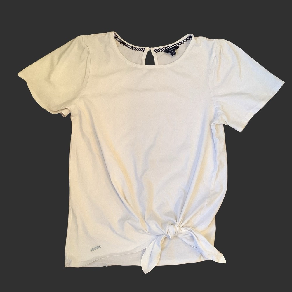 Womens Nautica White Tee Short Sleeve Waist Tie Cotton T-shirt Summer Top S